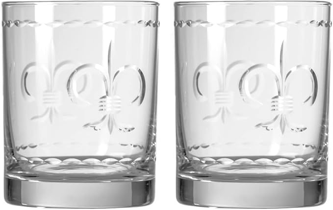 Rolf Glass Fleur De Lis Double Old Fashioned Glass | 13oz Whiskey Glass | Lead-Free and Diamond-Wheel Engraved | Proudly Made in the USA | Set of 2