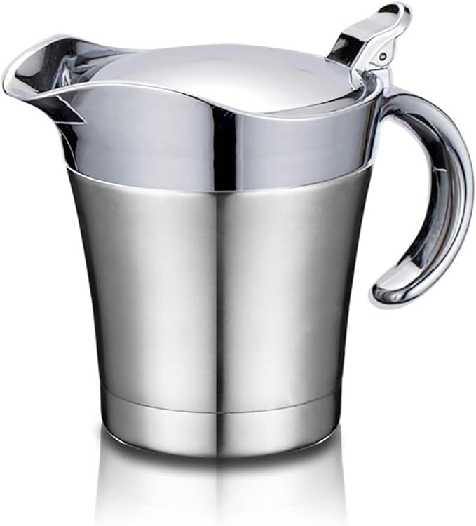 Stainless Steel Insulated Gravy Boat with Lid – 450ML/16OZ Double Insulated Gravy Pitcher for Hot & Cold Sauces – Sauce Jug with Hinged Lid, Ideal for Gravy or Cream at Thanksgiving, Gravy Pitcher