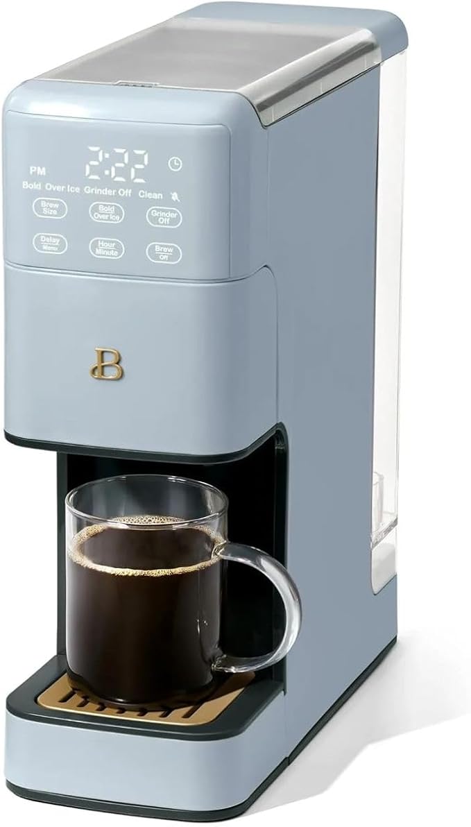 Beautiful Perfect Grind Programmable Single Serve Coffee Maker, Burr Grinder, 64 oz Reservoir, 6 Brew Sizes by Drew Barrymore (Cornflower Blue)
