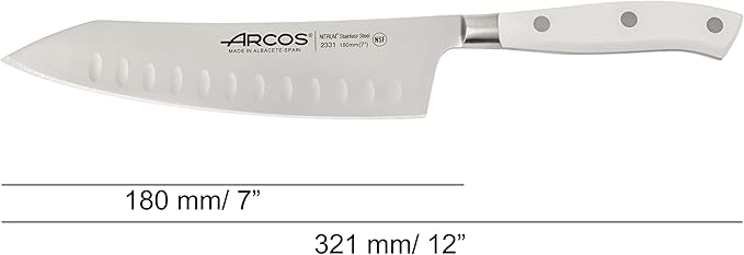 ARCOS Rocking Santoku Knife 7 Inch Stainless Steel. Japanese Professional Kitchen Knife for Cutting Fruits and Vegetables. Ergonomic White Handle. Series Riviera Blanc