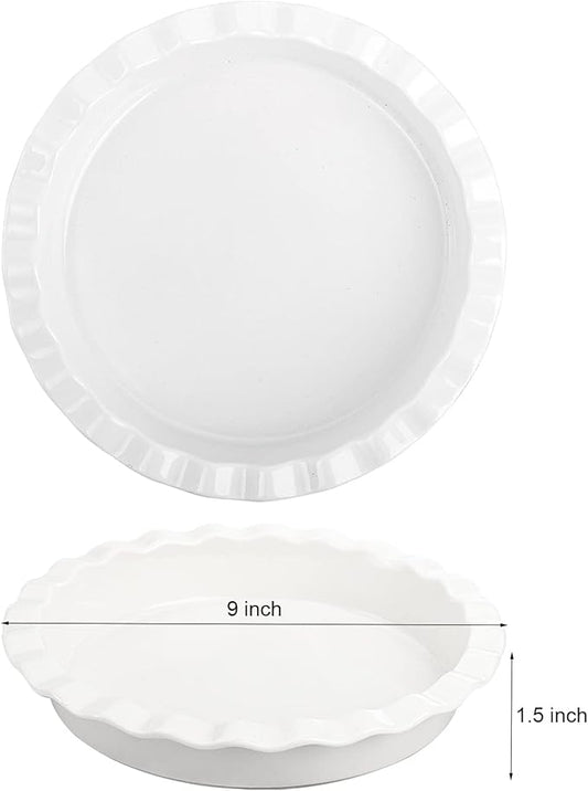 Foraineam Porcelain Pie Pan for Baking, Oven Safe Pie Plate Baking Dish, 9 Inches Round Deep Dish with Ruffled Edge, Set of 2