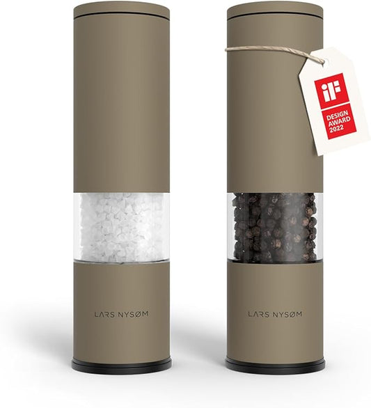 LARS NYSØM Salt and Pepper Grinder Set Manual, Stainless Steel Salt and Pepper Mills with Adjustable Ceramic Grinder I Design Spice Shakers (Taupe Brown)