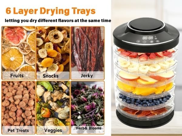Food Dehydrator, Large 12'' 6 Trays Meat Dehydrator for Jerky, 600W Herb Dryer 24H Timer & Temp Control for Fruit Snacks Yogurt Dog Treats ETL Approved (Black 6 Trays)