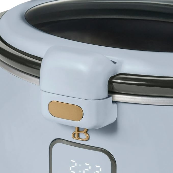 Beautiful by Drew 4.0-Quart Programmable Slow Cooker with Hinged Lid, Digital Timer, Keep Warm Function, Removable Stoneware Pot, Stainless-Steel Accents (Cornflower Blue)