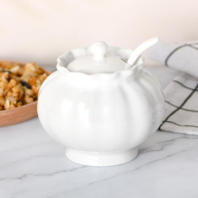 Iridescent Sugar Bowl with Lid and Spoon, Ceramic Sugar Bowl, 9oz Sugar Jar for Coffee Bar, Salt Box Sugar Containers for Seasoning, Spice, Sauce, Elegant Decor for Kitchen Countertop
