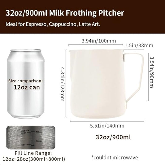 watchget Milk Frothing Pitcher 32oz/900ml - Stainless Steel Frothing Pitcher Espresso Steaming Pitcher Coffee Frother Cup Cappuccino Latte Art Coffee Machine Accessories Milk Jug, Creamy White