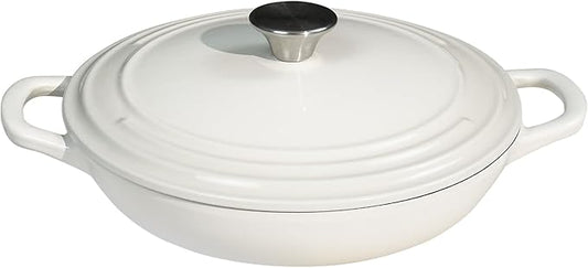 Flavehc Braiser Enameled Cast Iron Braiser 2.25 qt Braiser Pan with Lid White Shallow Cast Iron Casserole Braiser Pan with Handels