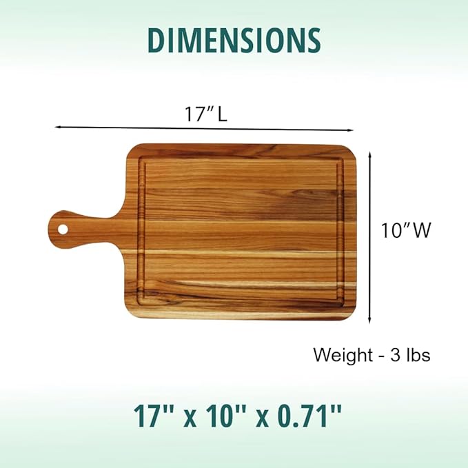 EcoDecors 17"x10" Teak Cutting Board with Handle & Juice Groove, FSC Certified Edge Grain Wood, Rectangle Prep & Serving Board for Kitchen
