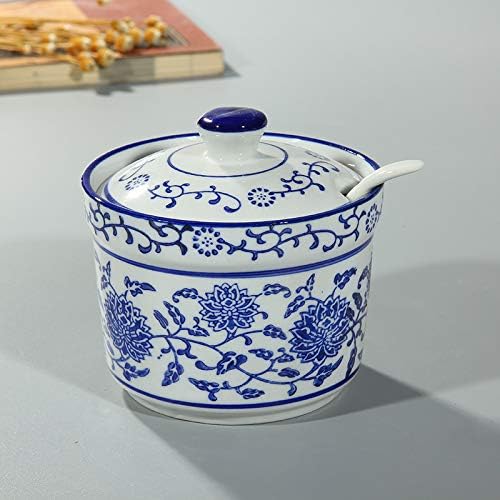 123Arts Ceramic Sugar Bowl Flower Relief Seasoning Jar Spice Jar with Lid and Spoon