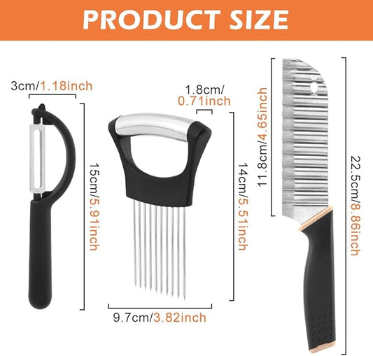 Crinkle Cutter with Onion Holder for Slicing and P-type Peeler, Stainless Steel Wavy Slicer with Handle, Crinkle Cutter for Veggies, Potatoes(COLOR:Black)