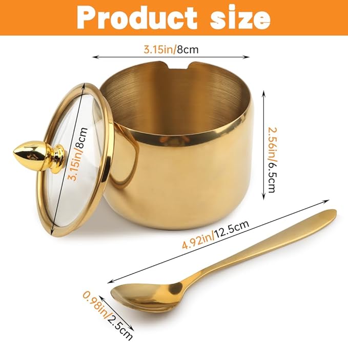 10oz Sugar Bowl with Lid and Spoon, Durable Sugar Pot for Coffee Bar Accessories, Stainless Steel Holder Jar for Salt, Tea, Candy, Home and Kitchen Storage(Gold)
