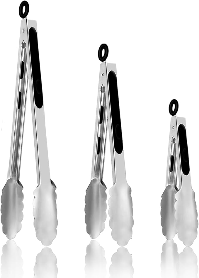 3 Pcs Stainless Steel Kitchen Tongs, 7/9/12 Inch High Heat Resistant Cooking & Serving Tongs with Locking for Grill Salad