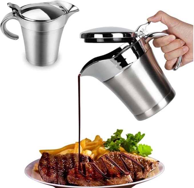 Sauce Gravy Pot, 304 Stainless Steel Thermal Insulated Double Wall Sauce Gravy Boat Pot with lid Serving for Cream, Salad Dressing, Sauce (Large size 750ml)