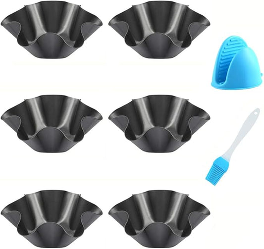 Tortilla Pan Set - 6 Pack Carbon Steel Non-Stick Taco Salad Bowl Tortilla Shell Maker Black Baking Pans with a Silicone Potholder and a Basting Brush (Small)