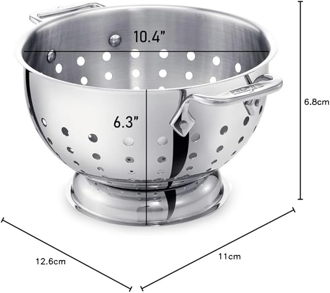 All-Clad Tools and Accessories Stainless Steel Colander 5 Quart Strainer, Pasta Strainer with Handle, Pots and Pans Silver