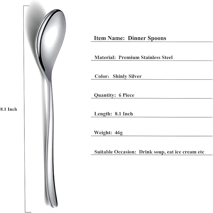 Dinner Spoons 6 Piece, 8.1'' Stainless Steel Tablespoons, Soup Spoons, Dessert Spoons, Spoons Silverware for Home, Kitchen or Restauran,Dishwasher Safe (Silver)