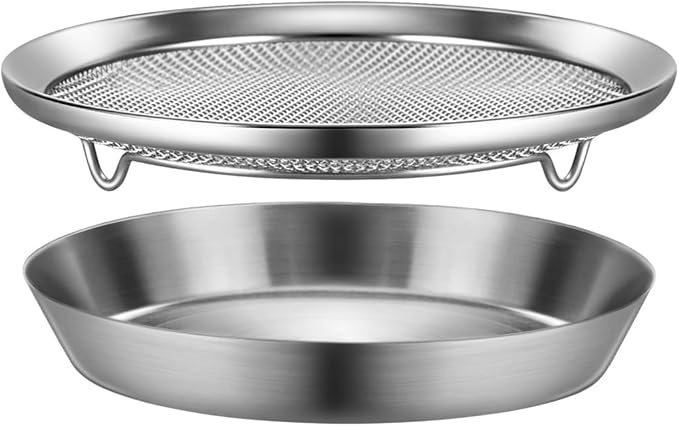 Stainless Steel Mesh Tray Set with Drip Pan, Air Fryer Basket and Tray, Kitchen Colander, Vegetable and Fruit Strainer, Food Filter, BBQ Prep Tool, Fruit Serving Dishes (7.48 inch)