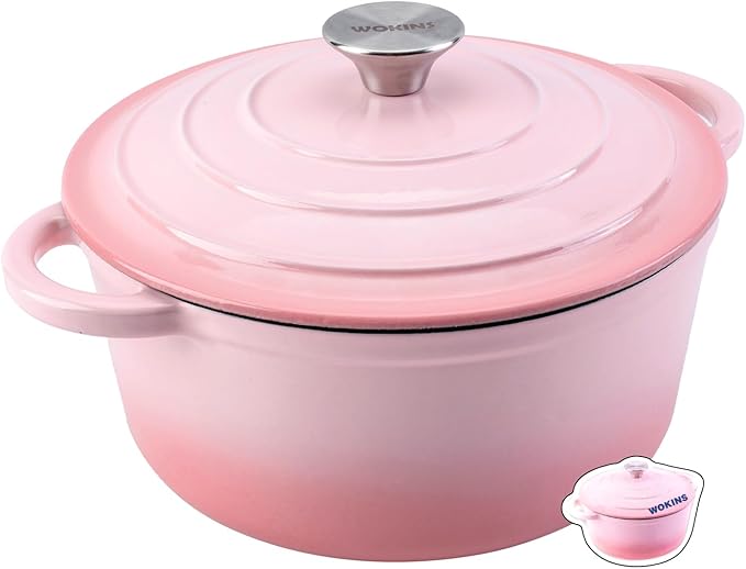 WOKINS Enameled Cast Iron Dutch Oven Pot with Lid Heavy-Duty Cookware for Bread Baking,Braising,Stews,Roasting,Oven Safe up to 500°F,7QT,pink