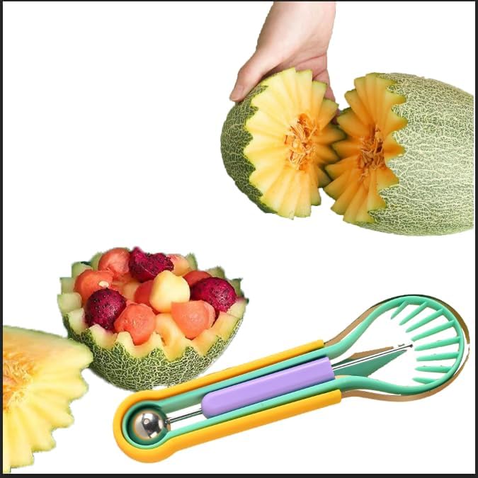 4-in-1 Stainless Steel Fruit Cutter Set, Cantaloupe & Watermelon Cutter, Melon Slicer with Removable Blades, for Watermelon, Kiwi, Dragon Fruit, Kitchen Gadget