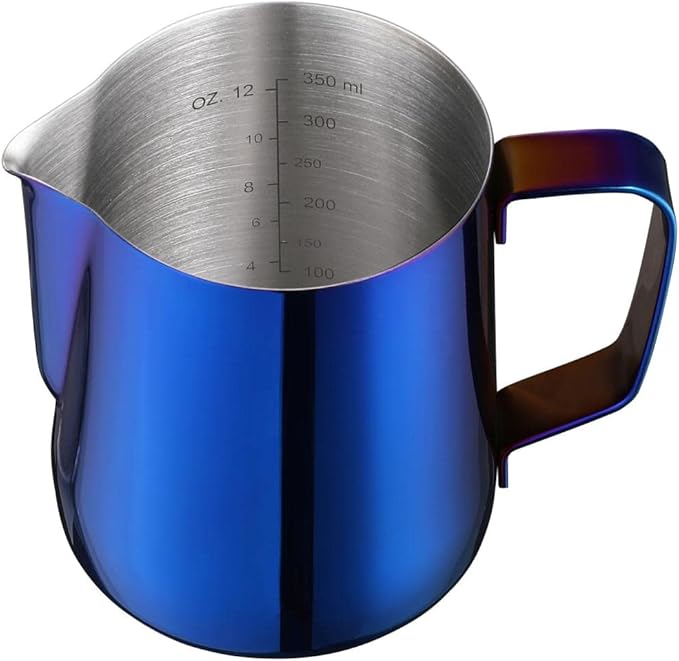 Milk Frothing Pitcher 12oz Stainless Steel Pitcher Perfect for Latte Art,Espresso Maker,Cappuccino Maker-18/8 Stainless Steel Milk Frother 350ml Steaming Pitcher Blue Color
