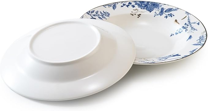Soup and Pasta Bowls Set of 4,Ceramic Soup Bowls Dinner Bowls Plates Porcelain 9 inches Wide Rim Bowls Set Floral Dinnerware Set Pasta Plates Ideal Serving for Soup,Dessert,Noodle,Thanksgiving