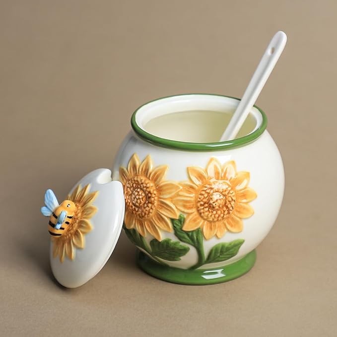 WAIT FLY Embossed Sunflower and Bee Ceramic Sugar Bowl with Lid and Spoon, Sugar Container, Sugar Jar for Kitchen Countertop, Coffee Bar-A