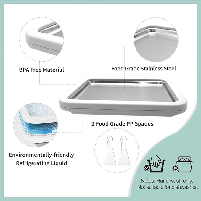 At-Home Rolled Ice Cream Maker Kit, DIY Rolled Ice Cream Tray, Two-minutes Quick Freeze, Mini Instant Freeze Plate with 2 Scrapers, Food-Grade Stainless Steel, for Kids & Adults (White,9 * 7in)