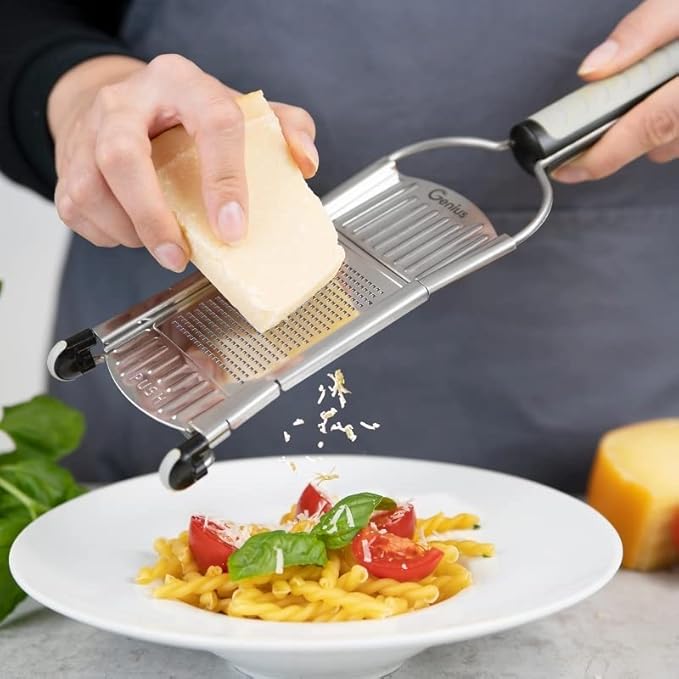 Genius Nicer Dicer Speed Vegetable Slicer with 3 Inserts, Stand and 550ml Collecting Container, Parmesan Grater, Julienne Grater and V-Slicer