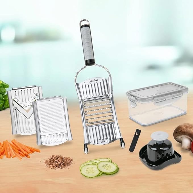 Genius Nicer Dicer Speed Vegetable Slicer with 3 Inserts, Stand and 550ml Collecting Container, Parmesan Grater, Julienne Grater and V-Slicer