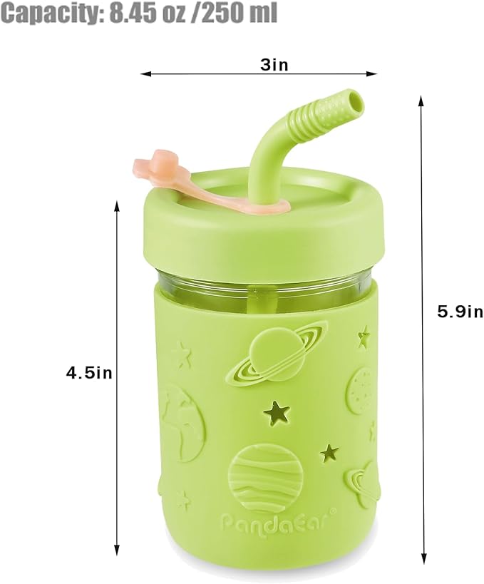 PandaEar Kids & Toddler Glass Cups, 4 Pack Glass Mason Jar Cups 8.45 oz with Silicone Sleeves & Straws, Toddler Spill-Proof Smoothie & Snack Cups