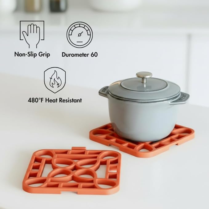 Capabunga 2-Pack Trivets for Hot Dishes - Orange Interlocking Hot Pads for Kitchen, Coffee Bar Essentials, Silicone Mats for Kitchen Counter, Heat Resistant Silicone Trivets for Pots and Pans