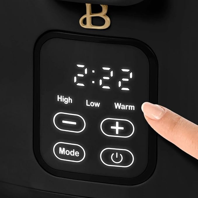 Beautiful by Drew 4.0-Quart Programmable Slow Cooker with Hinged Lid, Digital Timer, Keep Warm Function, Removable Stoneware Pot, Stainless-Steel Accents (Black)