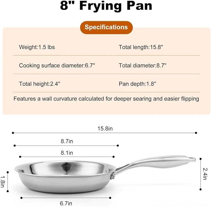 Ranbomer Stainless Steel Pan 8 Inch，Non-Toxic PFAS, PFOA & PTFE Free, Compatible With All Cooktops & Induction Safe, Oven Safe Pan for Searing & Sautéing, Long Lasting Cookware. (8 Inch)