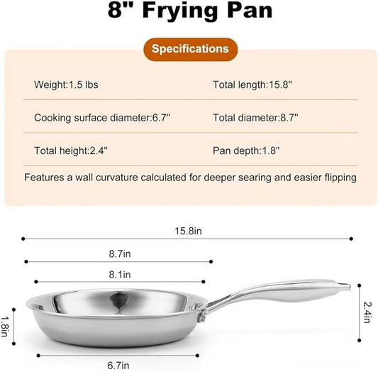 Ranbomer Stainless Steel Pan 8 Inch，Non-Toxic PFAS, PFOA & PTFE Free, Compatible With All Cooktops & Induction Safe, Oven Safe Pan for Searing & Sautéing, Long Lasting Cookware. (8 Inch)