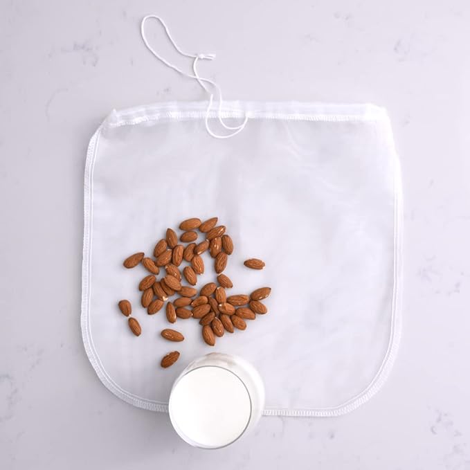 Reusable Nut Milk Bag & All Purpose Food Strainer, Filter, Fine Mesh Nylon, Use for Nut Milks, Juices, Yogurt, Cold Brew 12x12"