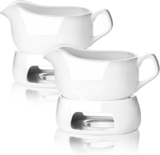 Nucookery Large 20 Oz Gravy Boat with Warmer, White Fine Porcelain Saucier with Big Dripless Lip Spout, Gravy Bowl for Thanksgiving, Warming Sauces, Salad Dressings, Microwave & Freezer Safe(Set of 2)
