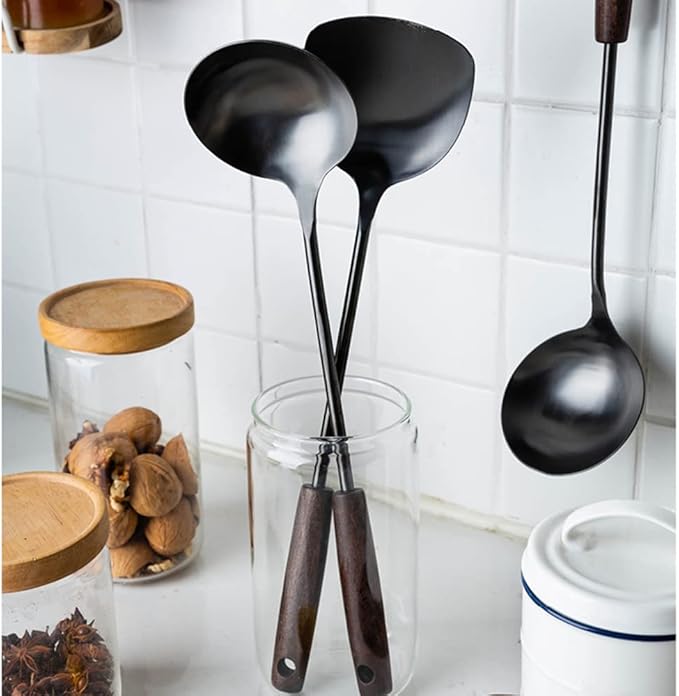 MARTE Spatula & Ladle Wok Tool Set,[High-Grade Titanium Plated, Heat Resistant]14.8-15 Inches Stainless Steel Vintage Wok Utensils,Kitchen Cooking Utensils Set of 2-Ergonomic Solid Wood Handle