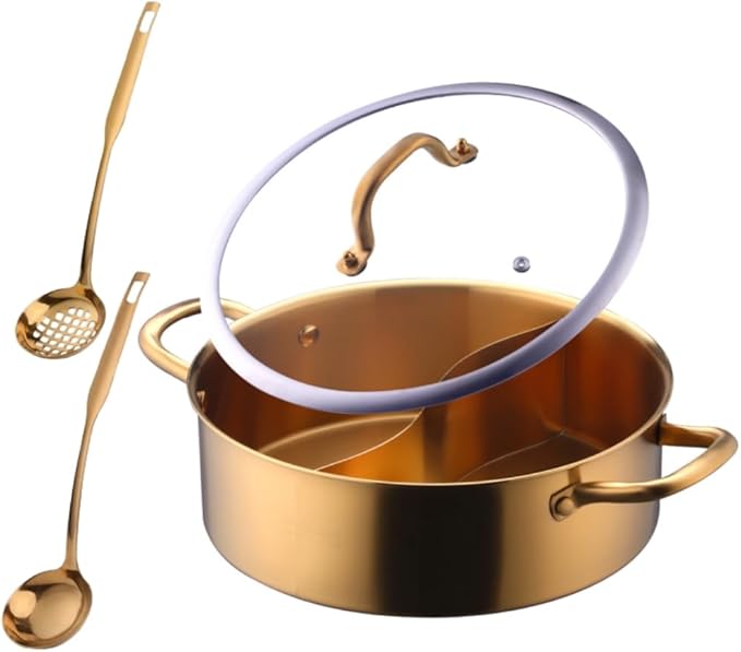 11.8 Inch Stainless Steel Shabu Hot Pot with Divider, Glass Lid Dual Sided Stockpots, Slotted Spoon and Soup Ladle for Induction Cooktop Gas Stove,Dishwasher safe (Gold)