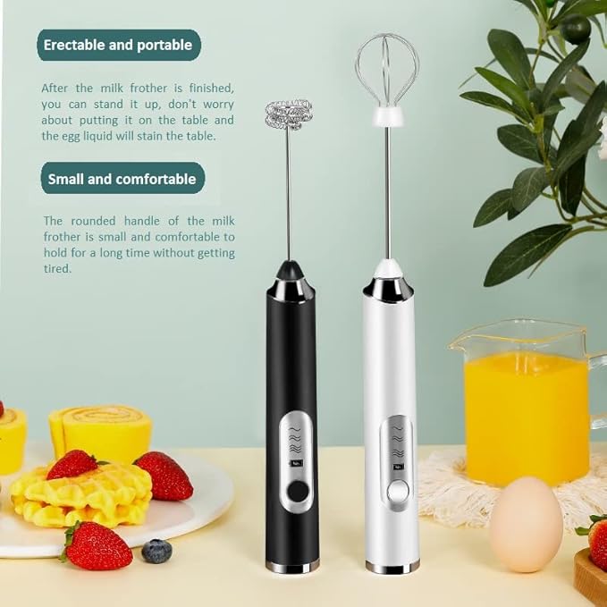 JrundMsoxz Rechargeable Milk Frother, 3-Speed Electric Handheld Frother with 2 Whisks and Coffee Decoration Tool, Stand-up Design, for Cream, Latte, Cappuccino (Black)