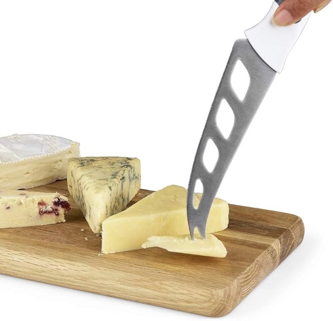 Zyliss Cheese Knife – Stainless Steel Blade with Non-Stick Holes & Forked Tip for Serving – Cuts Soft, Semi-Soft & Firm Cheeses – Gray & White Handle – 4.5"