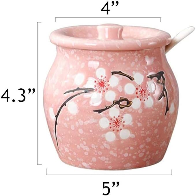Ceramics Japanese Flower Sugar Bowl Seasoning Pot Salt Storage Jar with Lid Spoon