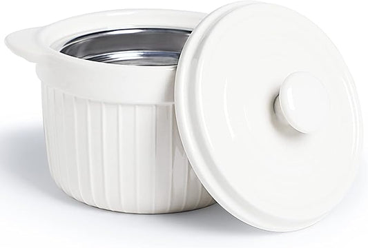 ONTUBE Ceramic Bacon Grease Container Keeper with Strainer, Frying Oil Storage Can, White