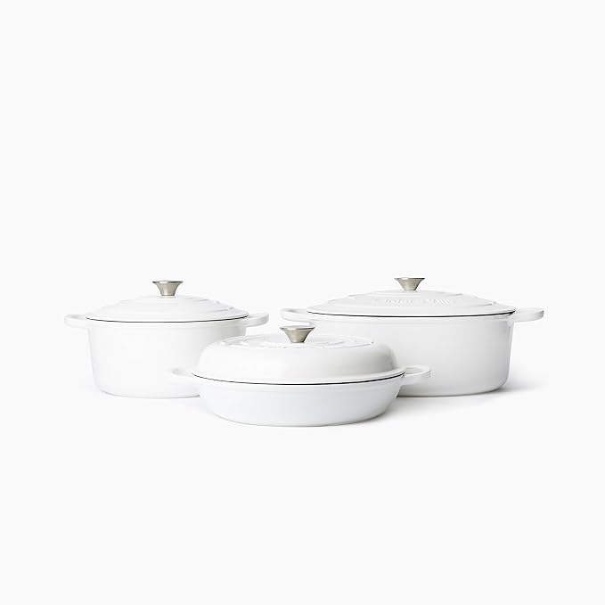 Larder & Vine 6-Piece Enameled Cast Iron Pan Cookware Sets, Includes 8 Quart and 5.7 Quart Dutch Oven with Lids, Braiser/Crock Pot with Lid (White)