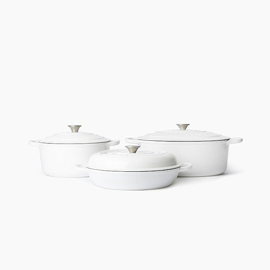 Larder & Vine 6-Piece Enameled Cast Iron Pan Cookware Sets, Includes 8 Quart and 5.7 Quart Dutch Oven with Lids, Braiser/Crock Pot with Lid (White)