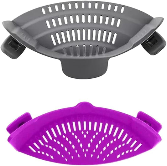 Clip‑On Pot Strainer Silicone Gray and Purple Dishwasher‑Safe Side‑Mount Design 9.4×4.6×2.5 Inches | Snap Drain Colander for Pans Bowls Skillets | Heat‑Resistant Kitchen Gadget Splash‑Guard