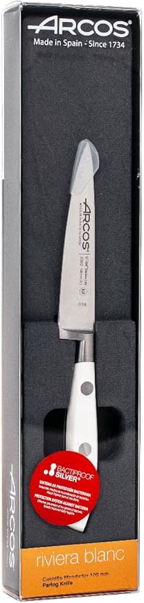 Arcos Forged Knife 4 Inch Stainless Steel. Kitchen Knife for Peeling Fruits and Vegetables. Ergonomic Polyoxymethylene Handle and 100mm Blade. Series Riviera Blanc. Color White