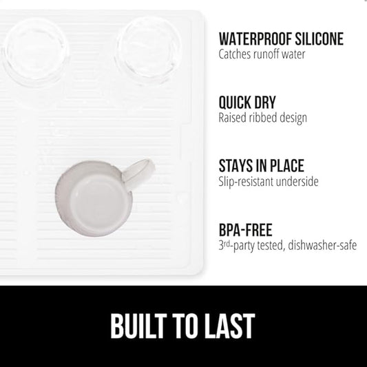 GORILLA GRIP 100% BPA-Free Patented Silicone Dish Drying Mat for Kitchen Counter, 18x16 Inch, Water Catching Ribbed Design, Easy Clean Waterproof Sink Liner, Heat Resistant, Fits Under Rack, White