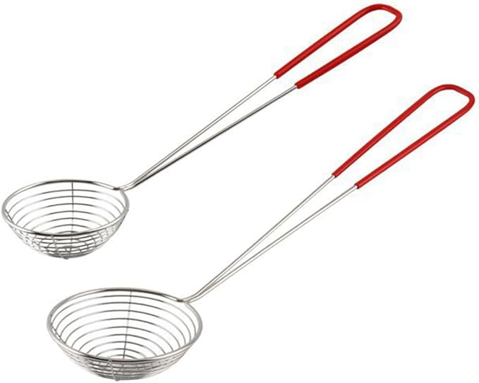 2Pcs Stainless Steel Strainer Spoons Boba Spoon Scoop Hot Pot Strainer Spoons Ladle Wire Cooking Skimmers Spoon with Handle for Hot Pot, Meatball, Kitchen Baking Oil Filter, 2 Sizes