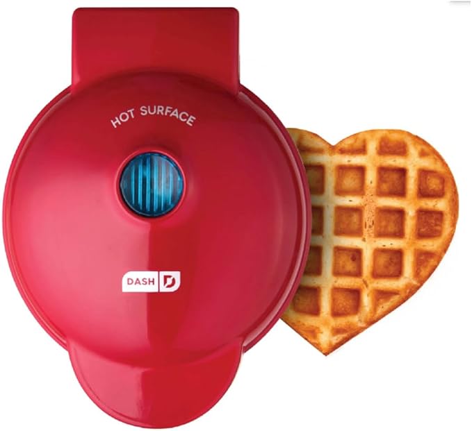 Dash Mini Waffle Maker- Mini Machine for Creative Homemade Treats - Nonstick Iron with Unique Print Design - Stylish Waffle Machine - Red Heart