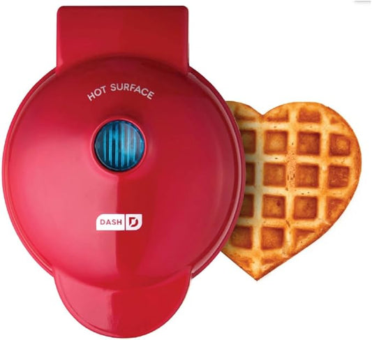 Dash Mini Waffle Maker- Mini Machine for Creative Homemade Treats - Nonstick Iron with Unique Print Design - Stylish Waffle Machine - Red Heart